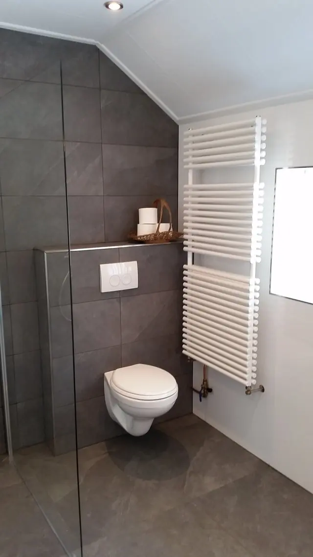 Gerenoveerde badkamer in Heerenveen met een wastafelmeubel en een spiegel, foto 2